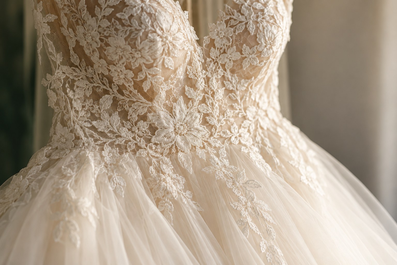 Florale Spitze und feiner Tüll eines Brautkleides