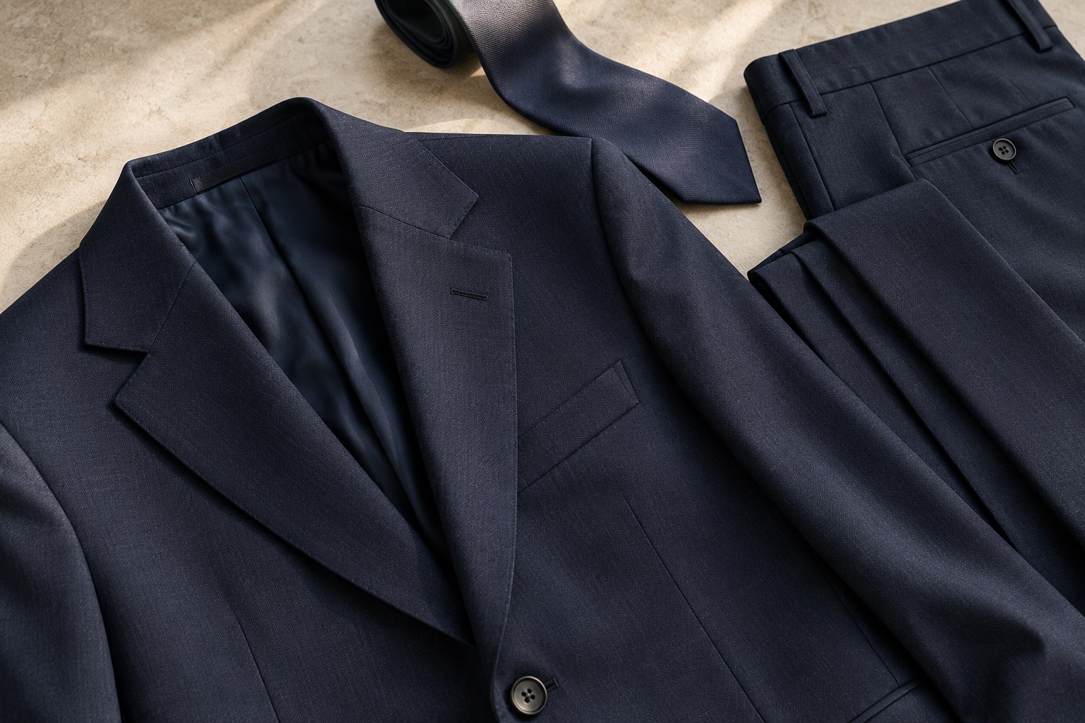 Dunkelblauer Anzug mit passender Hose und Krawatte