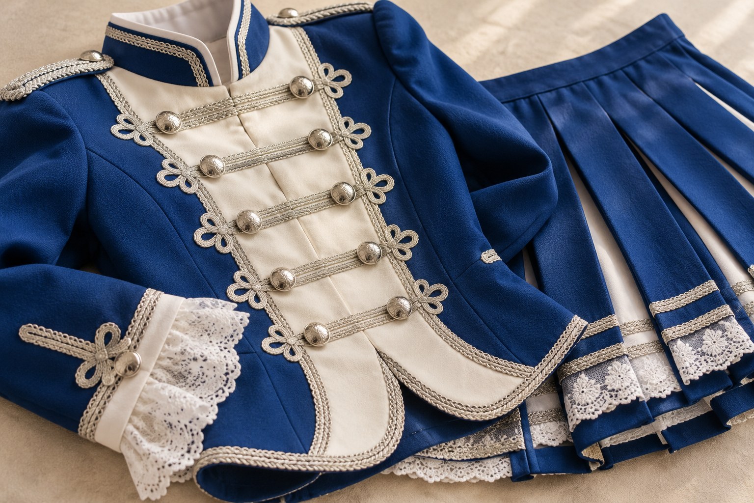 Blau-weiße Gardekleidung mit silbernen Verzierungen