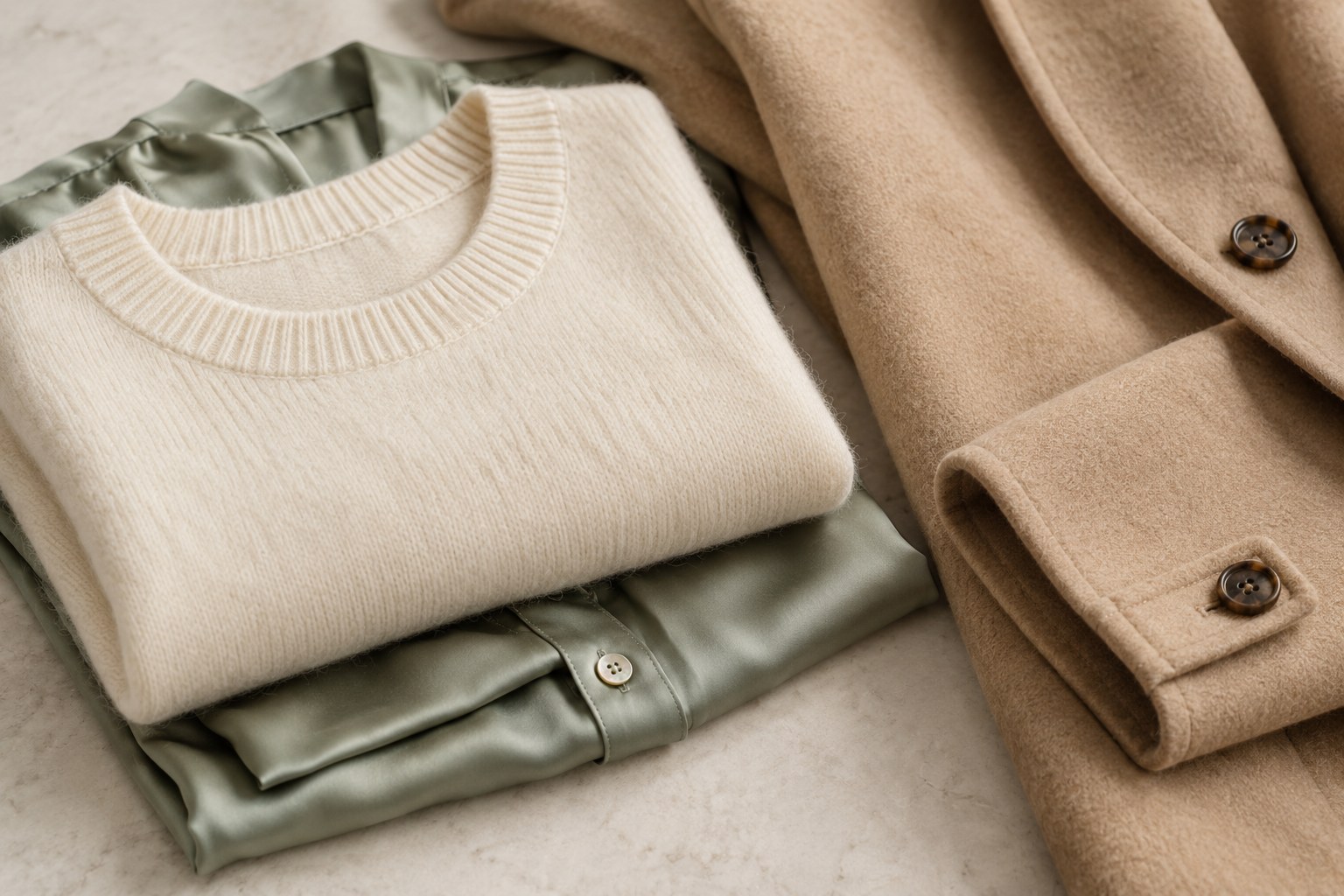 Kaschmirpullover, Seidenbluse und Wollmantel in Naturtönen