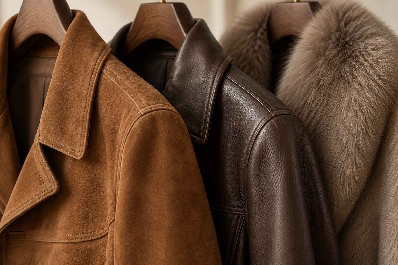 Wildleder, Glattleder und ein weicher Pelzkragen im Detail